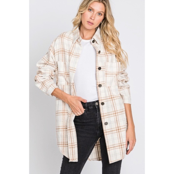 SOLD OUT Beige Plaid Flannel Oversized Shacket Shirt Jacket - Picture 2 of 9